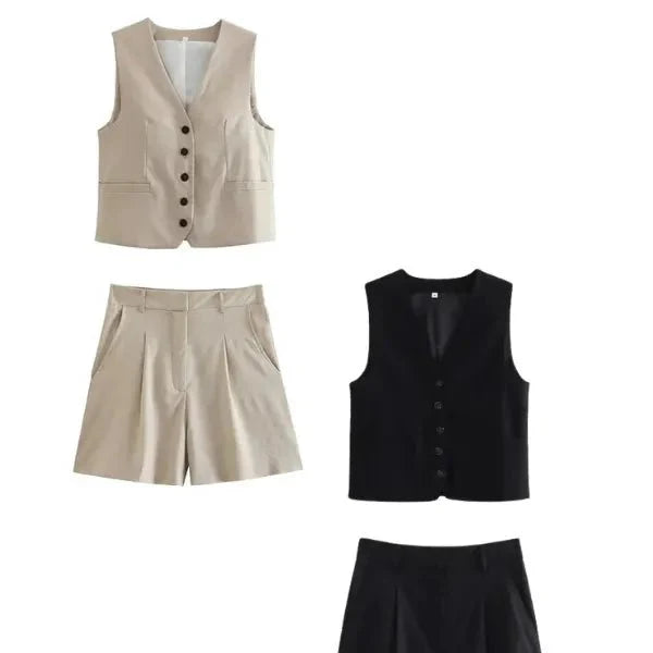 Kit 2 Conjuntos Femininos em Alfaiataria Colete e Shorts em Linho