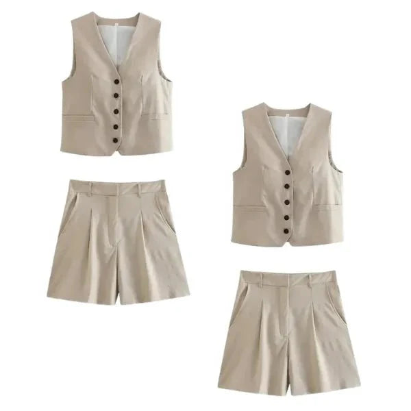 Kit 2 Conjuntos Femininos em Alfaiataria Colete e Shorts em Linho