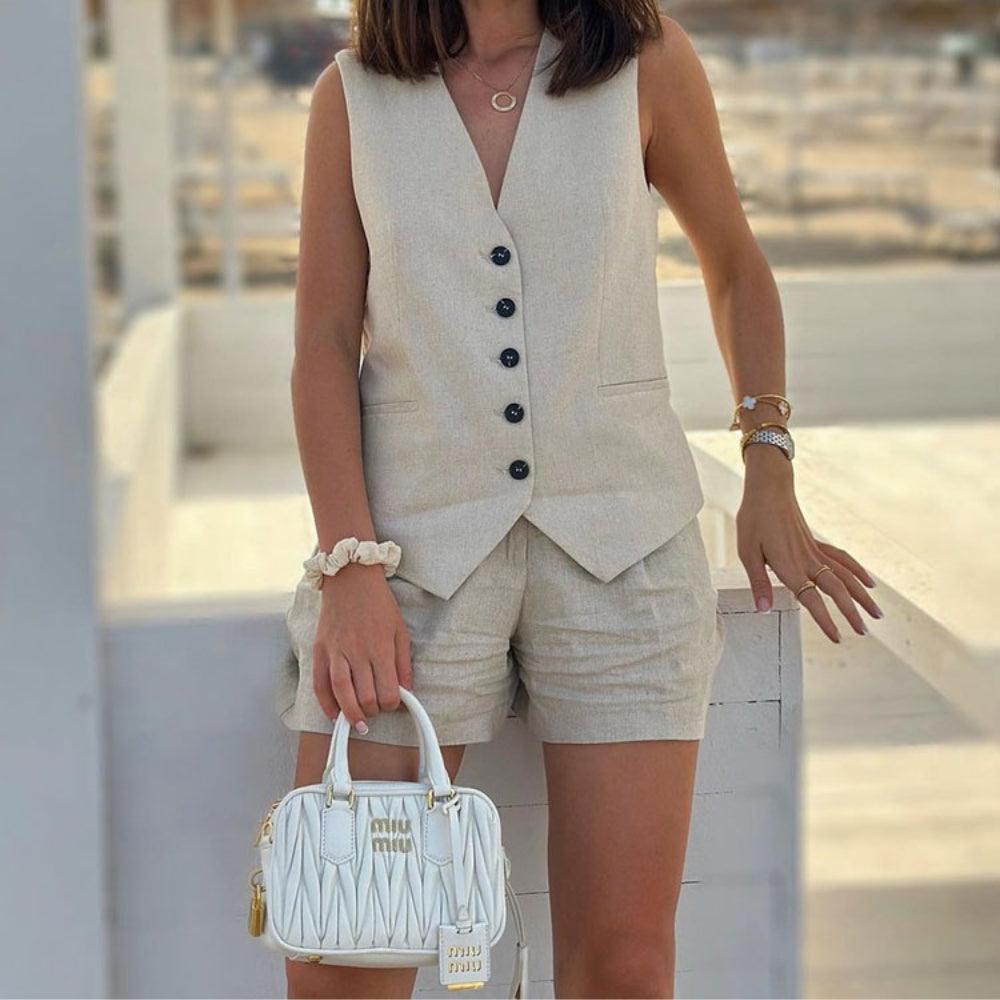 Kit 2 Conjuntos Femininos em Alfaiataria Colete e Shorts em Linho