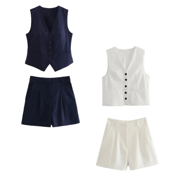 Kit 2 Conjuntos Femininos em Alfaiataria Colete e Shorts em Linho