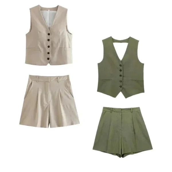 Kit 2 Conjuntos Femininos em Alfaiataria Colete e Shorts em Linho