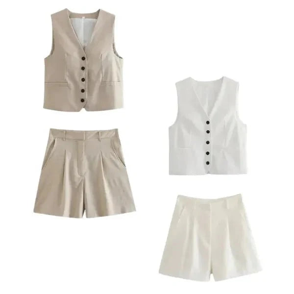 Kit 2 Conjuntos Femininos em Alfaiataria Colete e Shorts em Linho