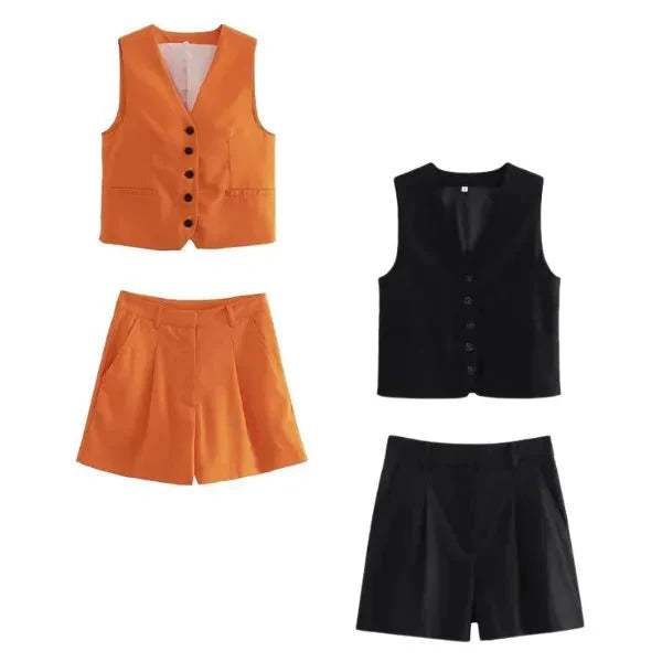 Kit 2 Conjuntos Femininos em Alfaiataria Colete e Shorts em Linho