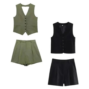 Kit 2 Conjuntos Femininos em Alfaiataria Colete e Shorts em Linho