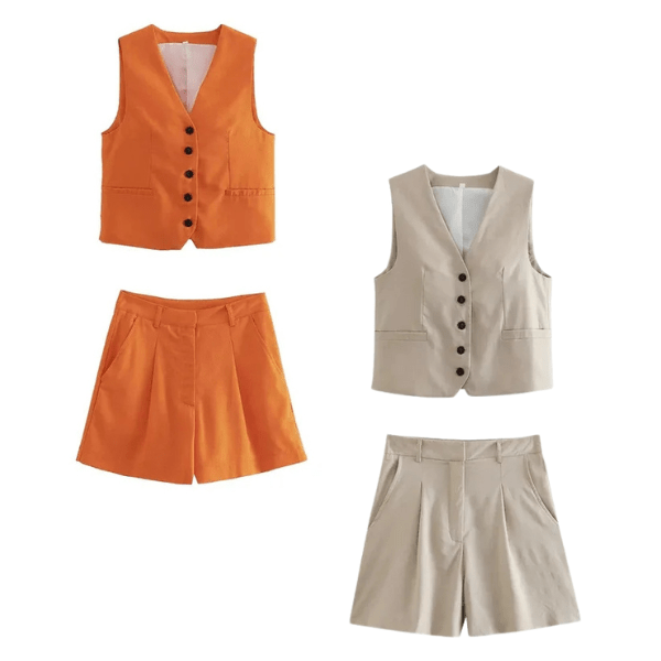 Kit 2 Conjuntos Femininos em Alfaiataria Colete e Shorts em Linho
